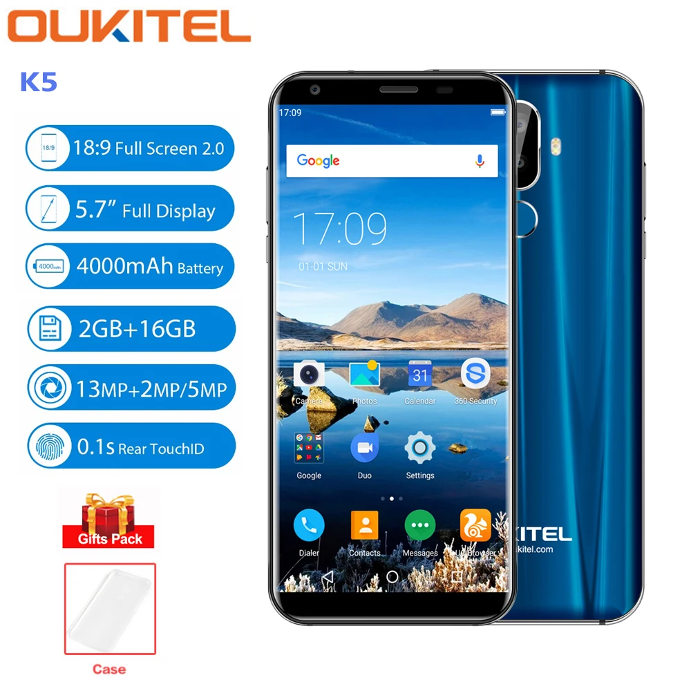OUKITEL K5 4G teléfono móvil 5,7 ''HD + Android 7,0 4000 mAh Dual Rear cámaras MTK6737T Quad Core 2 GB + 16 GB 8MP Fingerprint Smartphone OUKITEL K5 4G teléfono móvil 5,7 ''HD + Android 7,0 4000 mAh Dual Rear cámaras MTK6737T Quad Core 2 GB + 16 GB 8MP Fingerprint Smartphone