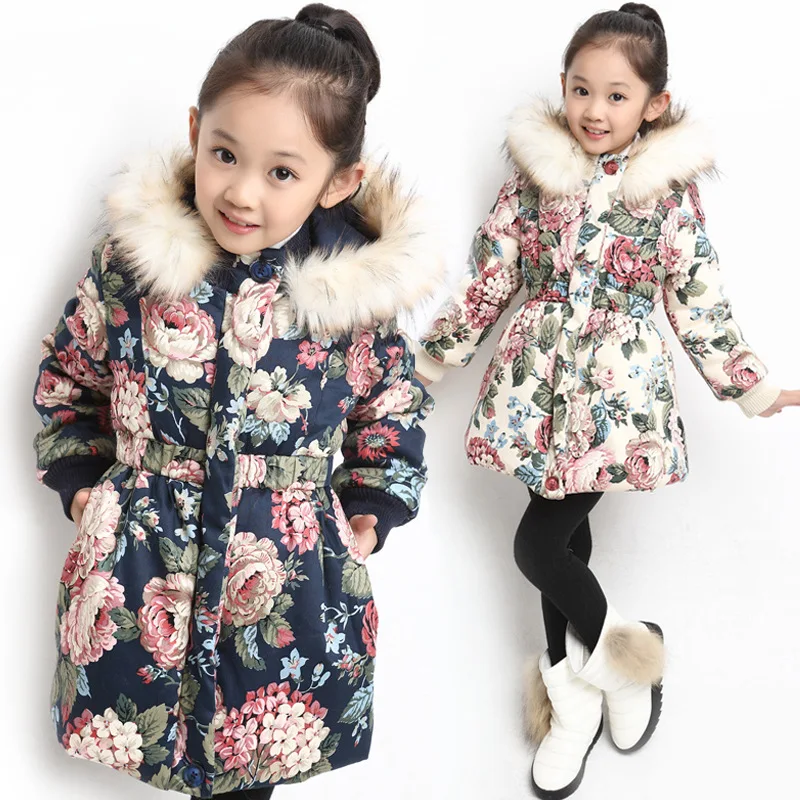 

Winter Girls Fur Collar Hooded Jacket Printed Flowers Zipper Coat for Girls Kids Padded Jacket Casual Children's Outerwear