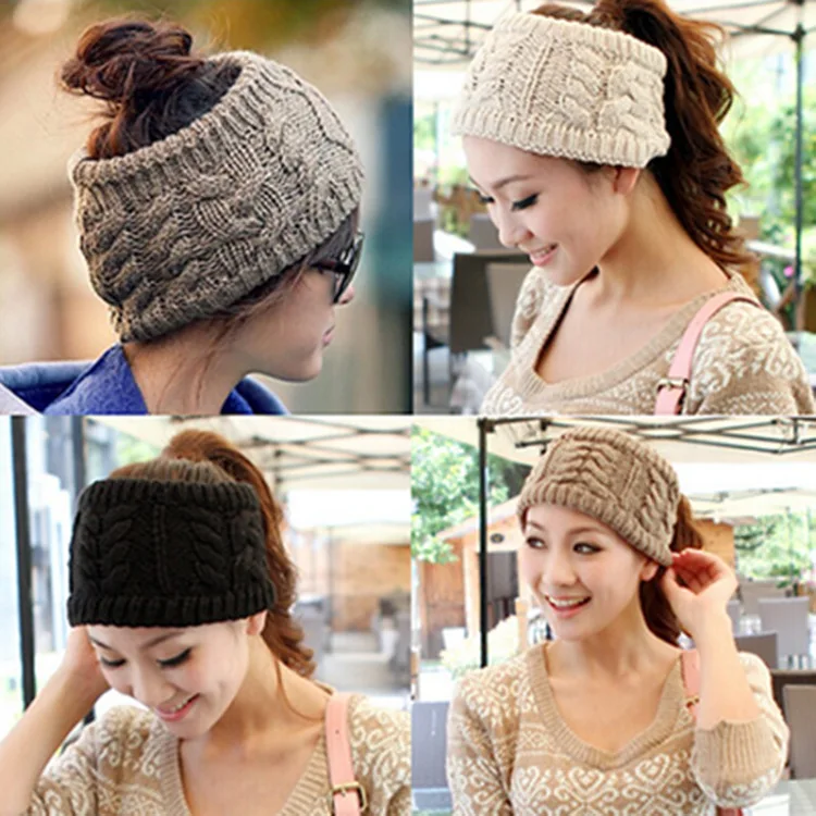 

Topless twisted knit wool hat Korean fashion head warm men and women couple models hats ponytail beanie