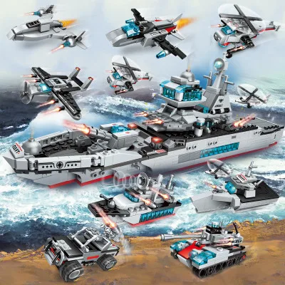 

700pcs 8in1 Legoinglys Military Cruiser Warship Helicopter Fighter Car Tank Model Set Building Blocks Toys For Children Gift