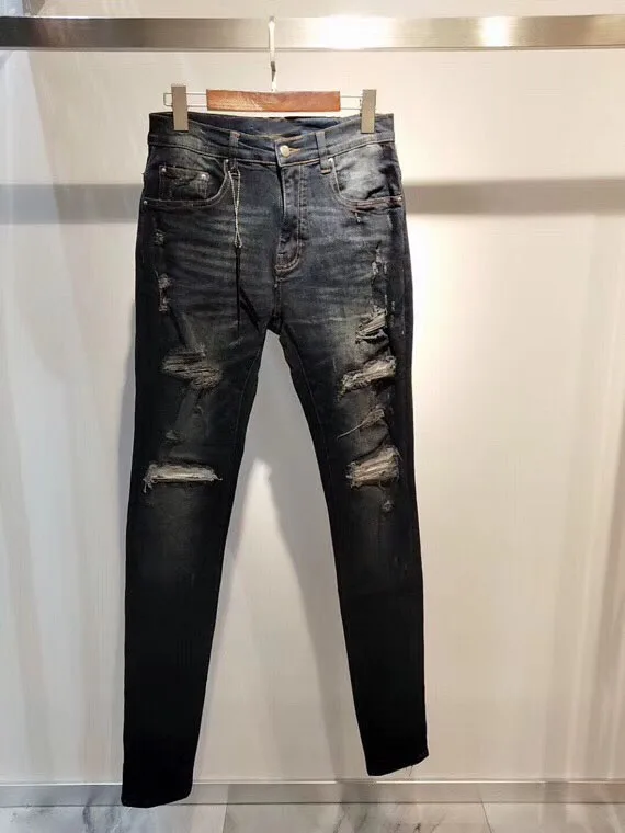 

Men White ribbed patch skinny distressed jeans