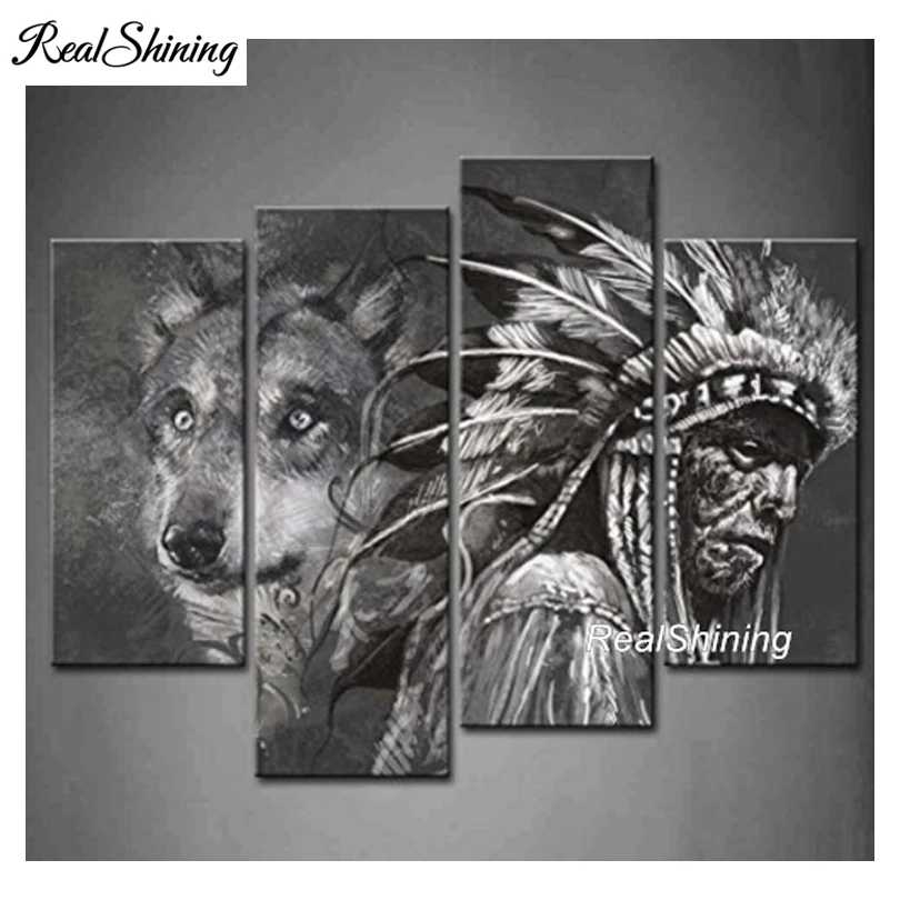 

REALSHINING Needlework 5D Diy Diamond Embroidery Wolf Indian Full Square Drill Diamond Painting Cross Stitch Mosaic DM933