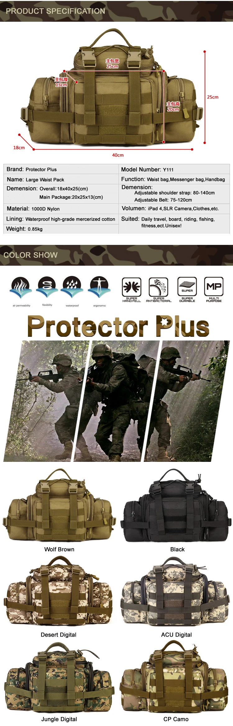 Bolso Equitação Pesca Caça Camping Camuflagem Militar Tático Preto Engrenagem