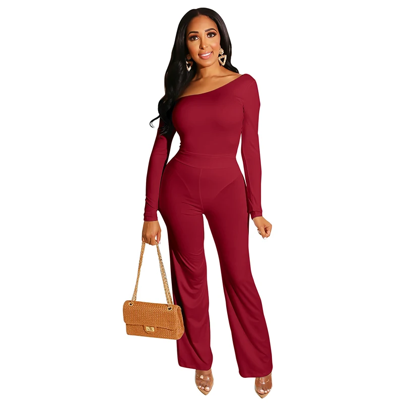 

Rompers Women's Jumpsuit Slanted Shoulder Long Sleeve Solid Color Jumpsuit Sexy Female Bodycon Playsuits Casual Elegant Bodysuit