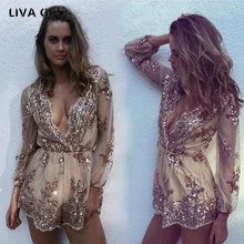 Liva girl Глубокий v sequin комбинезон для женщин с кисточками короткий сетчатый боди Летний Пляжный клуб элегантный комбинезон комбинезоны с вышивкой купальник