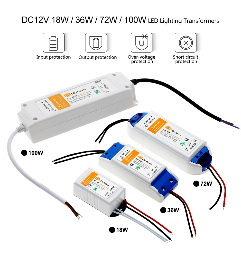 Светодиодный Трансформаторы освещения DC12V 18 W 36 W 72 W 100 W Высокое качество Безопасный драйвер для Светодиодные ленты Питание