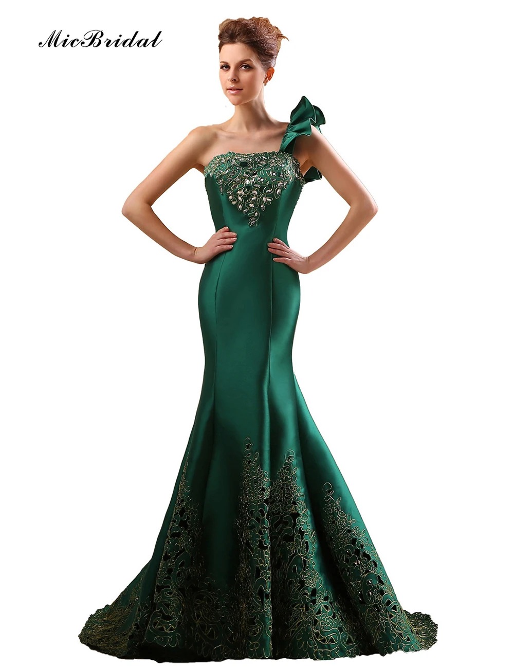 MicBridal One Shoulder Gold Embroidery Long Emerald Green Evening
