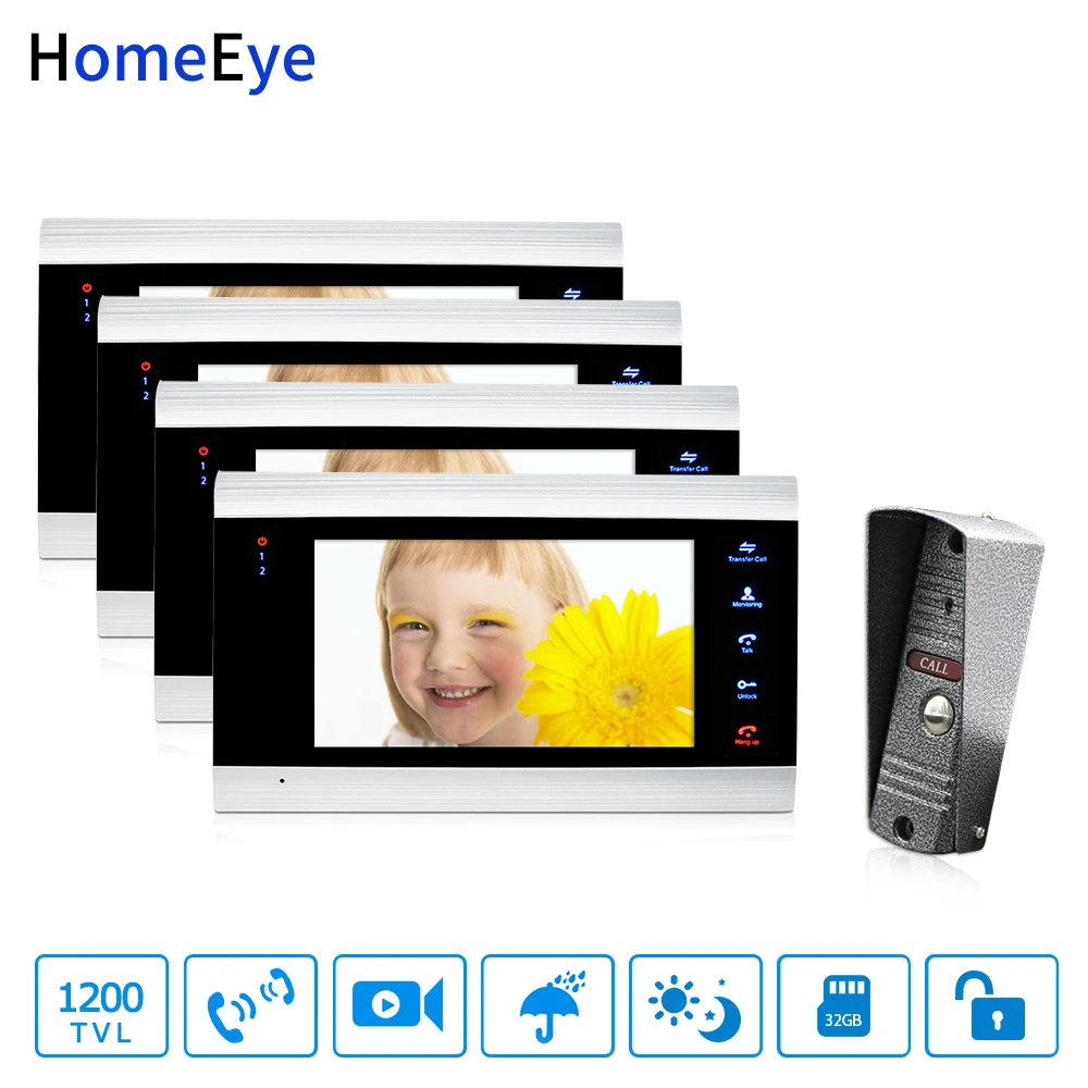 HomeEye 7'' Video Door Phone Intercom Door Bell Rainproof Motion Detection Multi-languages OSD Menu Video Record Support PIR 1-4