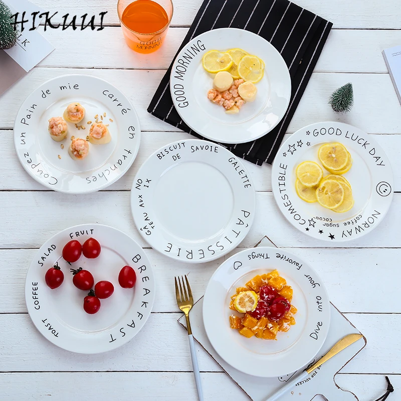 

8 Inch European Style Cartoon Pattern Round Porcelain Flat Plate Ceramic Dinner Salad Cake Plate Tableware Dinner Set
