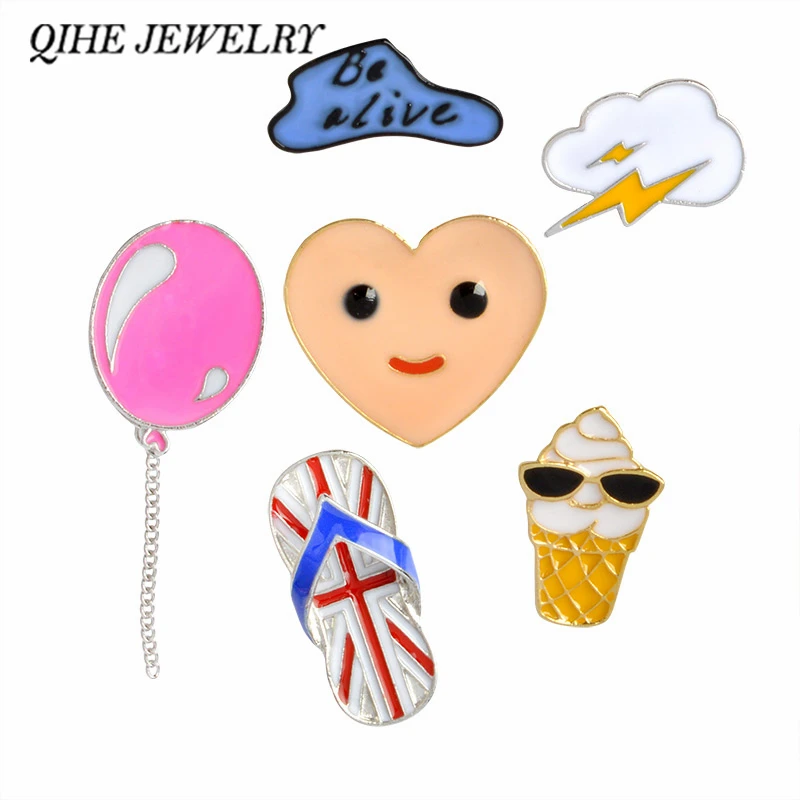 

QIHE JEWELRY Cute Flip Flop Balloon Clouds Lightning Ice Cream "Be alive" Hard Enamel Pin Lapel Pin Badge Fashion Jewelry