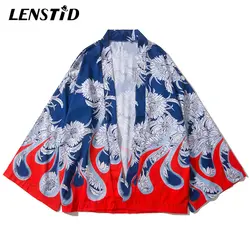 LENSTID огонь пламя с цветочным принтом японский для мужчин кимоно Тонкий куртки Толстовка Harajuku куртка кардиган рубашка Лето повседневное