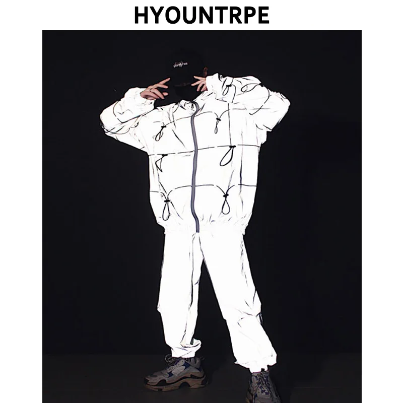 

2 Pieces Sets Men's Fashion Reflective Full Zipper Jackets And Elastic Waist Loose Fit Reflect Pants Hip Hop New Streetwear Set