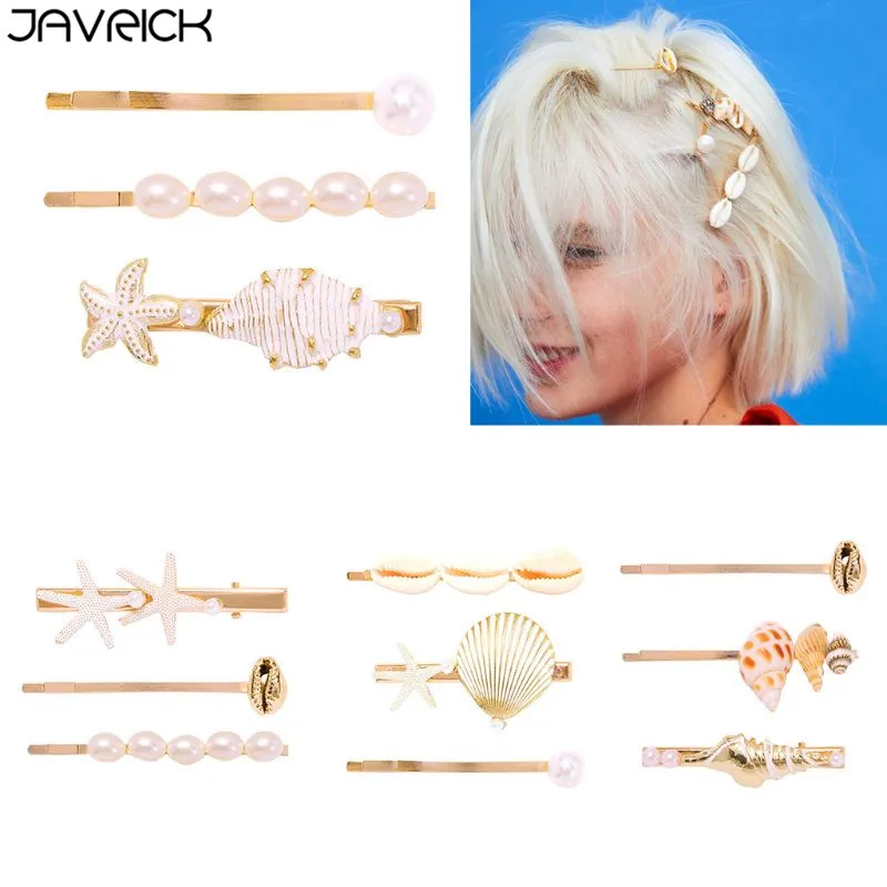 

3Pcs/Set Minimalist Ocean Style Jewelry Hairpins Women Metal Alloy Sea Shell Conch Handmade Hair Clips Imitation Pearl Barrettes
