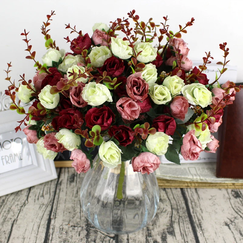 7 вилки 21 головок шелковые розы Европейский искусственный цветок Флорес для свадьбы домой искусственный цветок для декорирования маленький букет