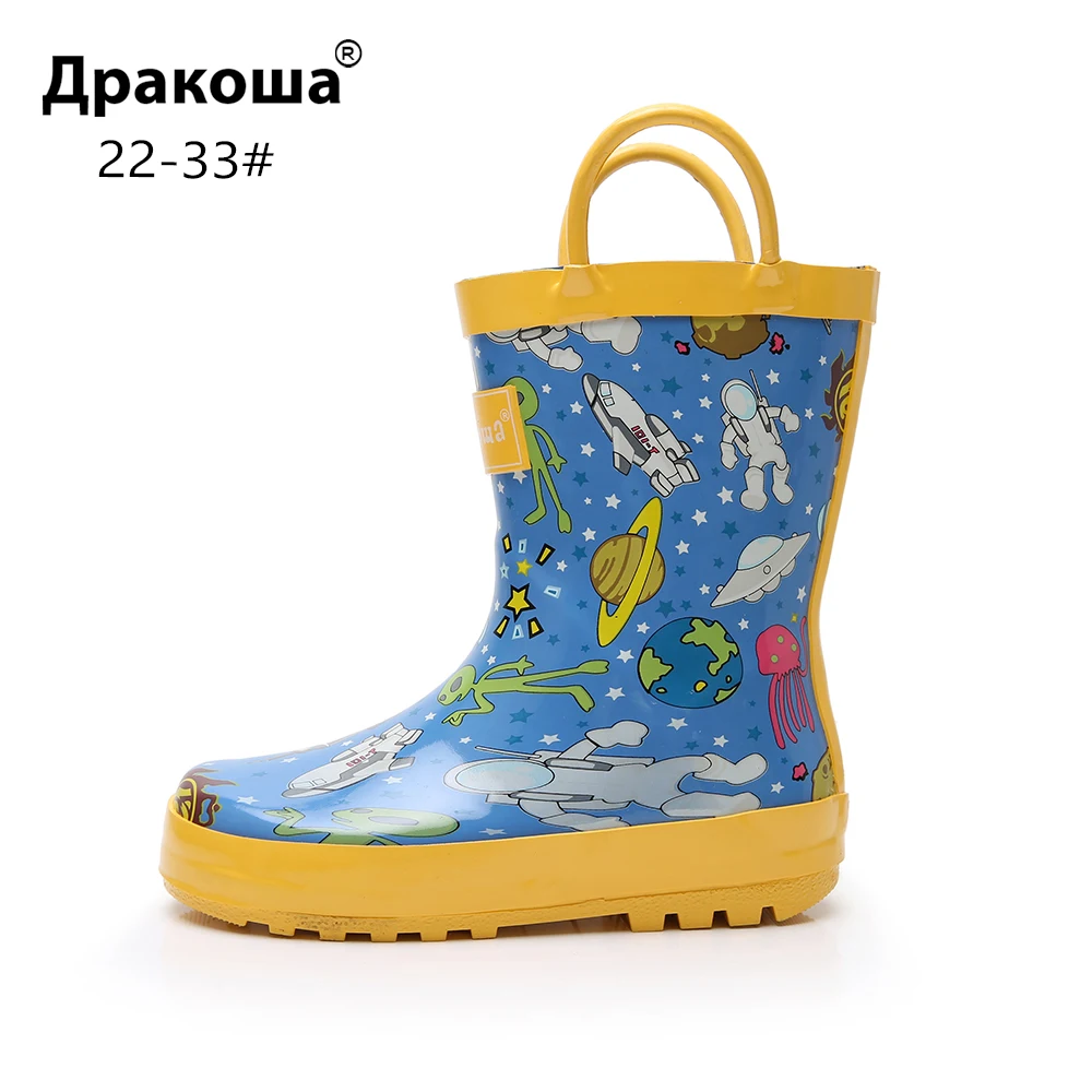 Apakowa/детские резиновые сапоги для маленьких мальчиков и девочек; водонепроницаемый в форме динозавра; непромокаемая обувь; Детские ботильоны; резиновые сапоги с ручками