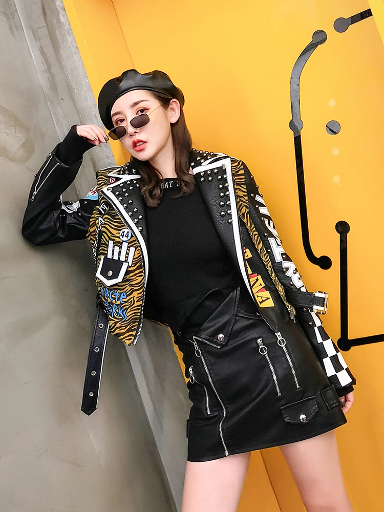 Высокое качество, осенняя леопардовая кожаная куртка для женщин, с шипами, в стиле панк, мотоциклетные пальто, с отложным воротником, короткие укороченные куртки