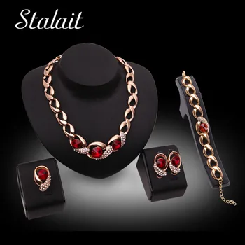 

Hot Crystal Wedding Jewelry Sets Gold Color Red Stone Stud Earring Jewelry Set For Women Dress Party