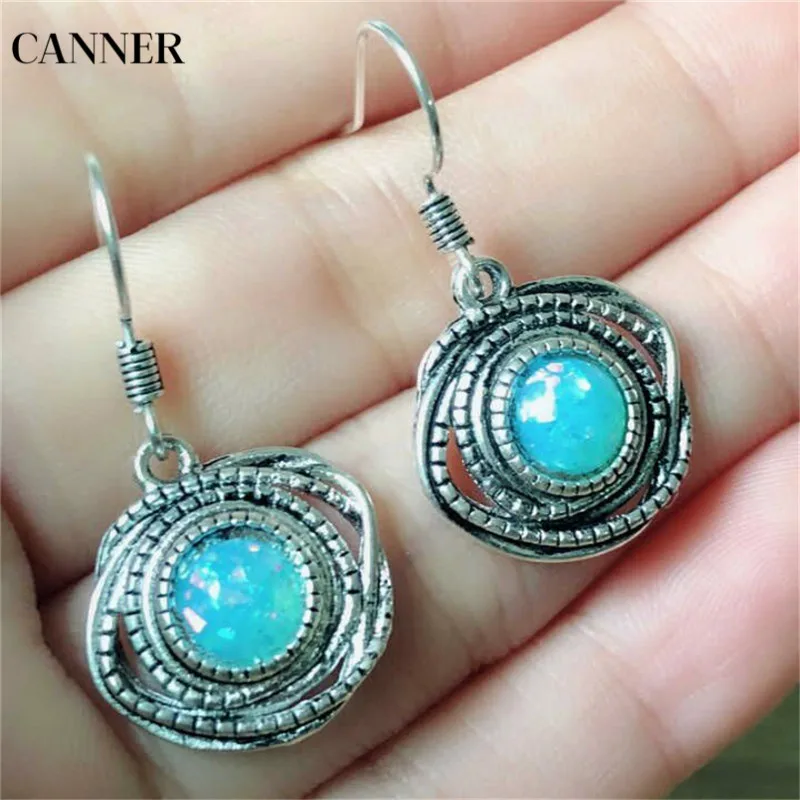 

Canner New Turquoises Stone Pendant Drop Earrings For Women Retro Antique Silver Fashion Jewelry