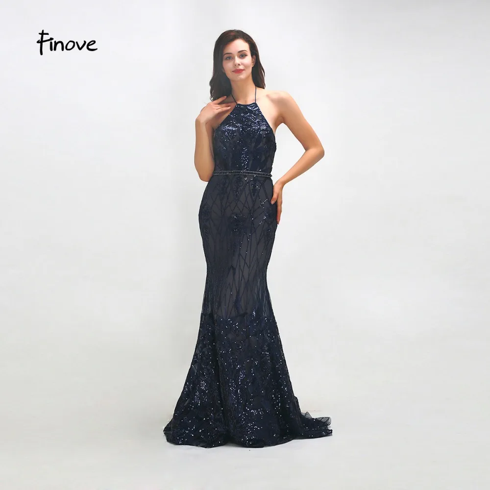 

Finove Evening Dress 2019 Elegant Navy Blue Illusion Sequin Beading Backless Long Floor Length Party Mermaid Dress For Women