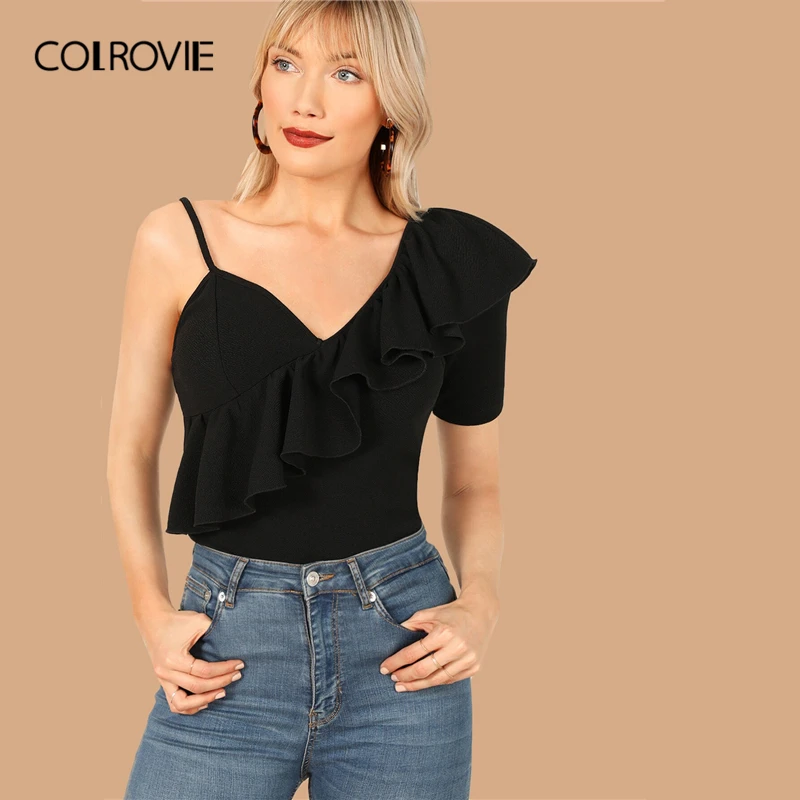 COLROVIE الأسود غير المتكافئة الرقبة حافة كشكش أنيقة بلوزة قميص المرأة 2019 الصيف سترات العمل مكتب السيدات قمم و البلوزات