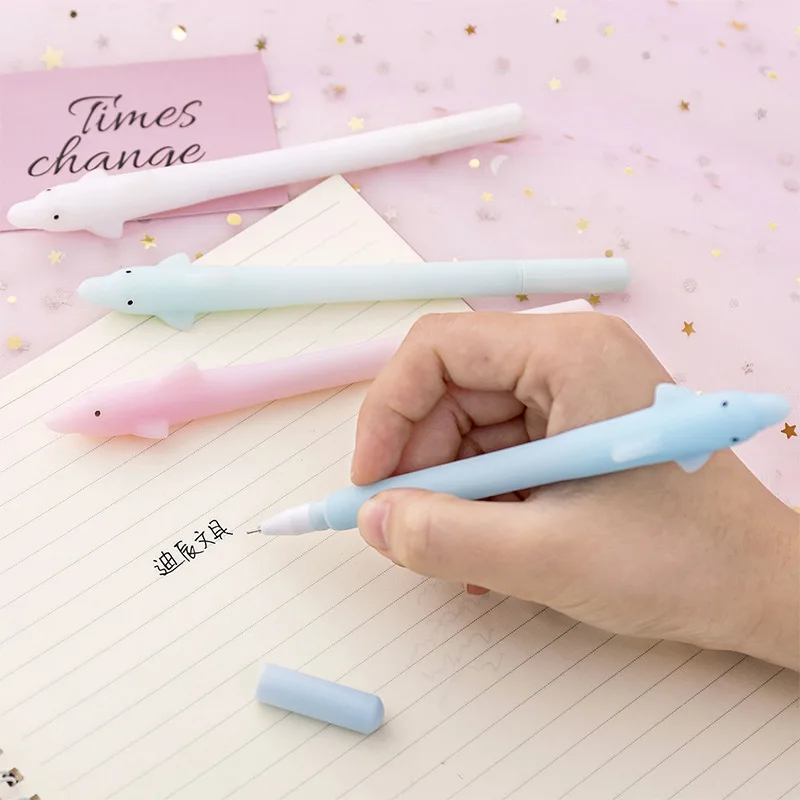 Coloffice 4Pcs Cartoon Pure Color Cute Soft Silicone Rubber Dolphin Gel Pen 0.35mm Black Ink Stationery School Office Supplies