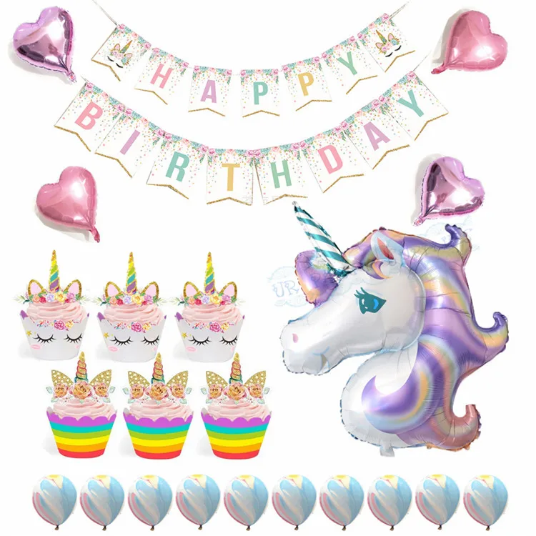 

Whole Set Unicorn Party Supplies Party Decorations for Kids Happy Birthday Banner Unicorn Foil Heart Balloons Cupcake Wrappers