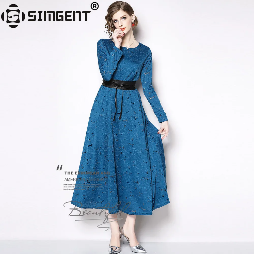 

Simgent High Quality New Spring Womens Long Sleeve Vintage Belted A Line Midi Lace Solid Dress Vestido Female Jurken SG811293