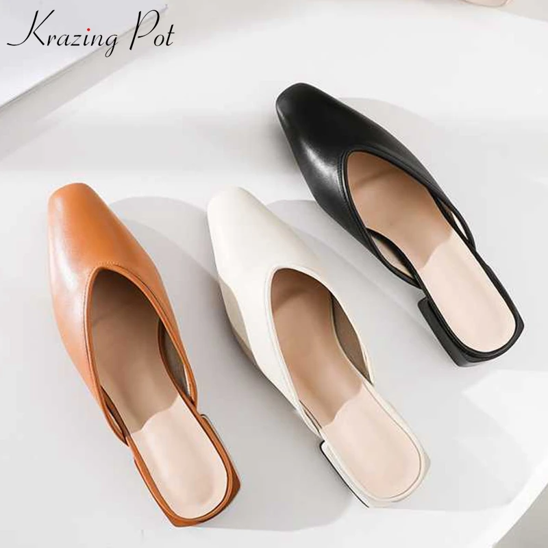 

Krazing Pot full grain leather brand shallow mules slip on square toe European design solid color gladiator all-match pumps L63
