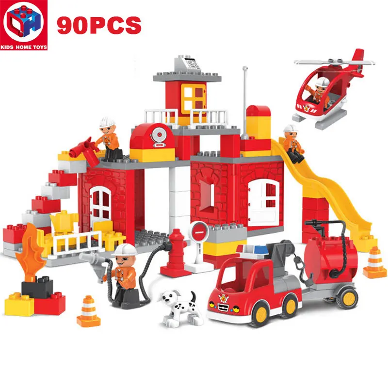 Детские домашние игрушки, городская пожарная станция, пожарная машина Duploe, большие размеры, строительные блоки, фигурки пожарных, совместимы с большими частицами Duploe - Цвет: Without Box