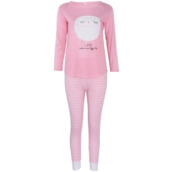 

Women Long Sleeve Cartoon Owl Print Tops And Stripe Pants Pajamas Set Sleepwear