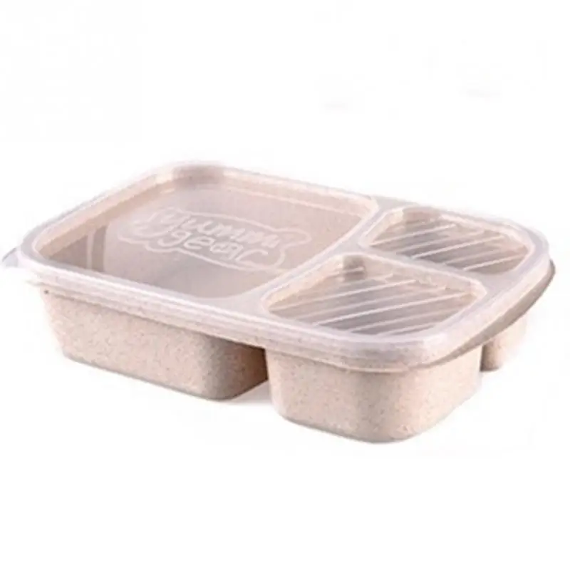 

2018 New Lunch Wheat Straw Lunchbox 3 Grids Lunch Bento Boxes Dinnerware Set With Lid Food Box Biodegradable Storage Container