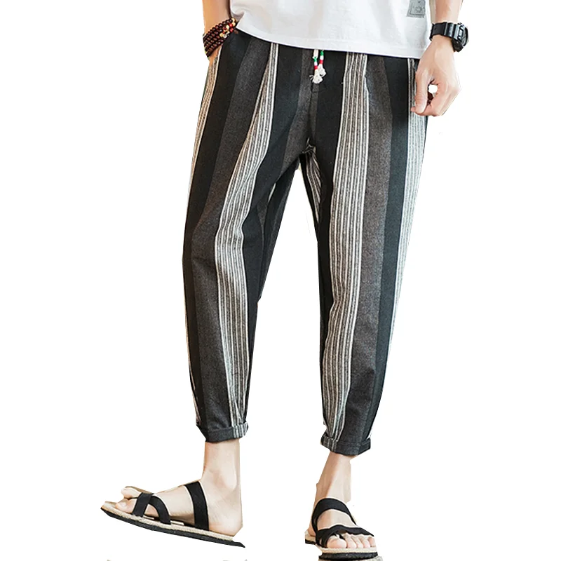Hip Hop Baggy Cotton Linen Harem Pants Men  Plus Size Wide Leg Trousers New Casual Pants Cross-pants Male Striped Casual Pants