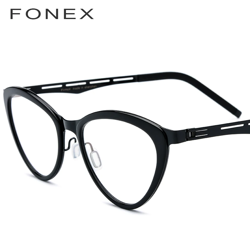 FONEX ацетатные очки женские кошачий глаз по рецепту очки в оправе при близорукости оптические женские кошачьи очки Безвинтовые очки 618 - Цвет оправы: Черный