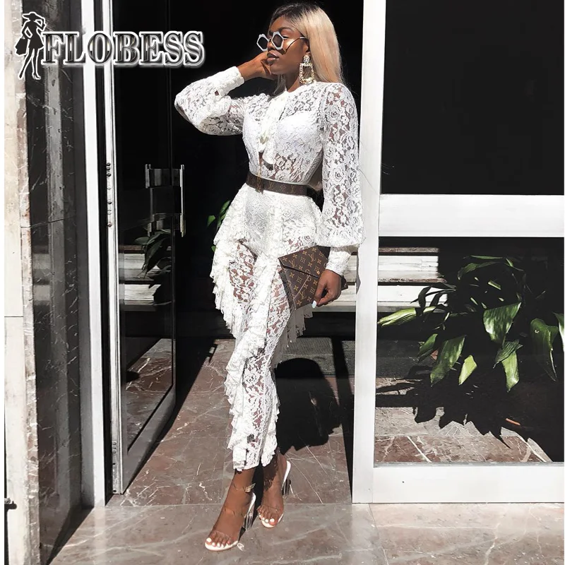 2018 Autumn Women Sexy See Through White Lace Jumpsuits Slim High Waist Casual Long Sleeve Romper Celebrity Club Wear
