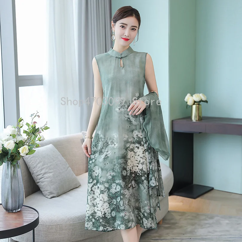 

Floral Printed Chinese Style Vintage Dress 2 Pieces Set Silk-blend Elegant Half Sleeve Open Stitch Cardigan + Tank Dress Twinset