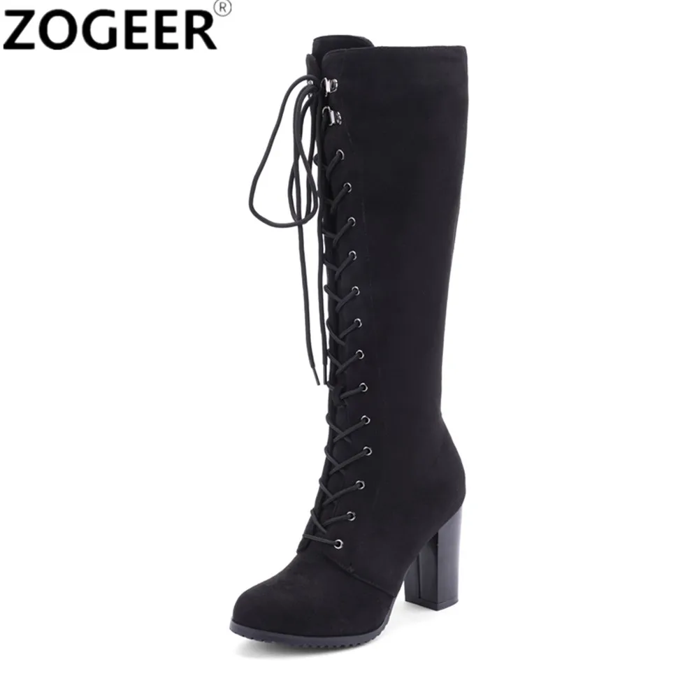 

New Quality Suede Knee High Boots Women Solid Zipper Women Boots High Heels Round head Martin boots Black Lace-up Ladies Shoes