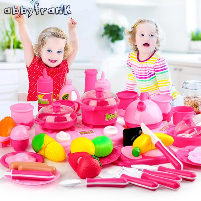 Abbyfrank 46pcs Pretend Play Pink Kitchen Baby Kitchen Food For Doll Miniature Vegetable Fruit