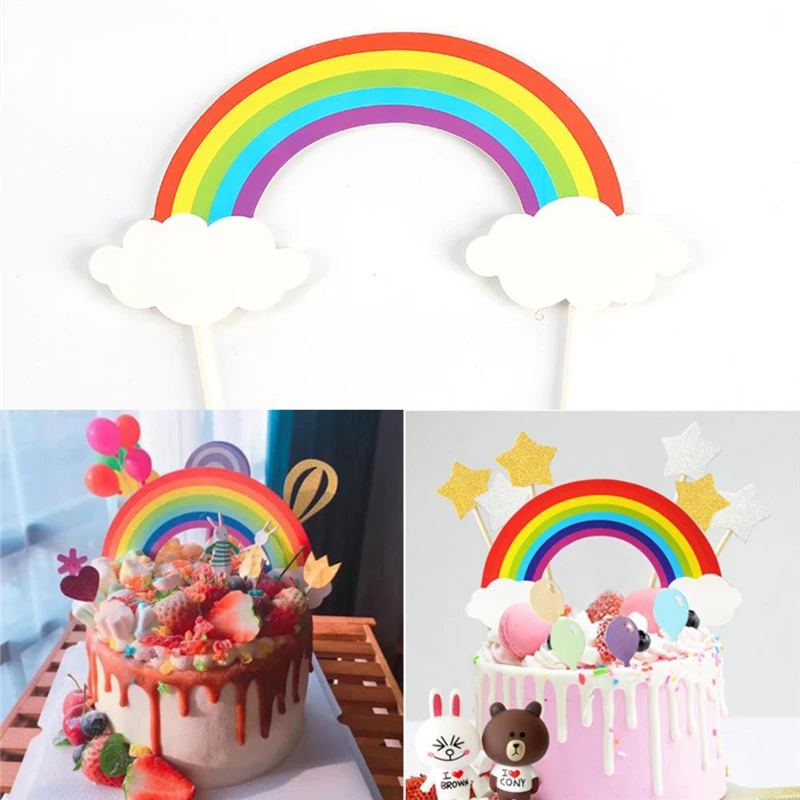 5 Pcs Colorful Rainbow Cake Topper Birthday Wedding Flags Cloud Balloon cake flag Party Baking Decoration Supplies | Дом и сад