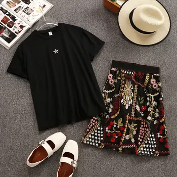 

Skirt and Top Sets for Women New Summer Fashion Solid Black Short Sleeve Tshirts + Embroidery Short A-line Skirts Students Suits