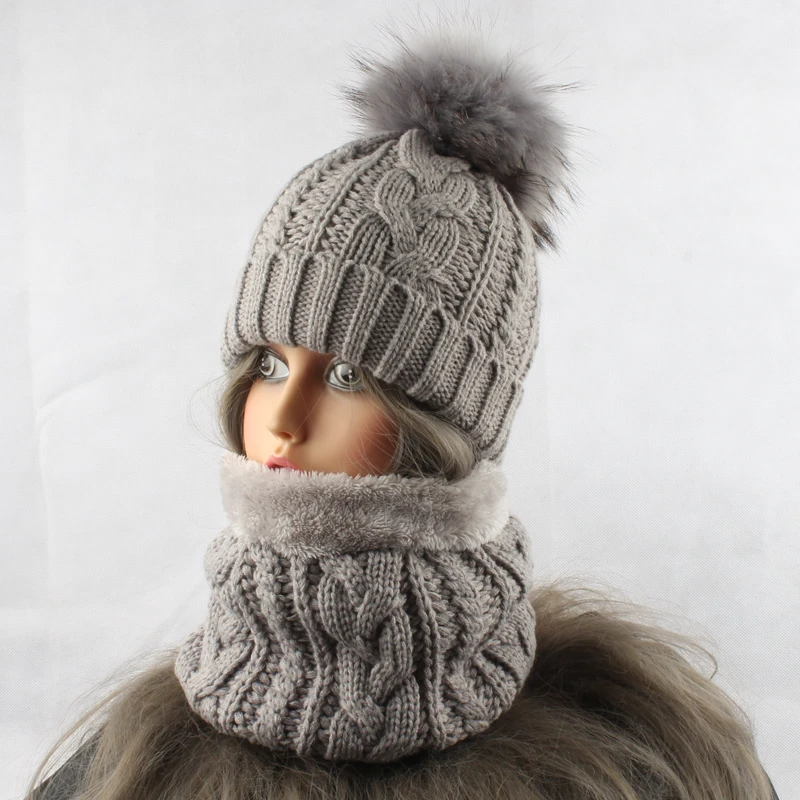 Winter Fleece Inside Warm Scarf Hat For Women Real Fur Pompom Beanie Twist Knitted Hat And Scarf Set