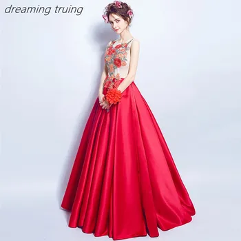

Vintage Red Women Evening Dresses With Embroidery Flowers Long Off Shoulder Ladies Wedding Party Gown Robe De Soiree 2019