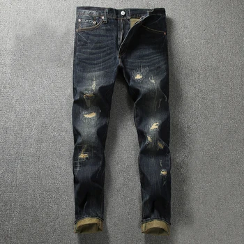 

Japanese Style Fashion Men Jeans Black Green Color Slim Fit Destroyed Ripped Jeans Men Patchwork Designer Brand Hip Hop Jeans