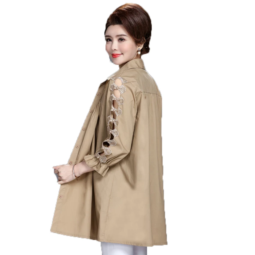 

WAEOLSA Middle Aged Woman Shirt Black Khaki Drape Tops Spring Womens Turn Down Collar Shirts Crochet Sleeve Blouses Mother Tops