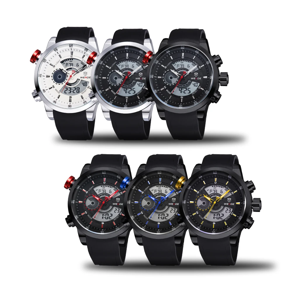 WEIDE Quartz Sports Wrist Watch Casual Genuine Mens LCD Analog Digital Dual Time Watch Black Waterproof Watches Original Gifts