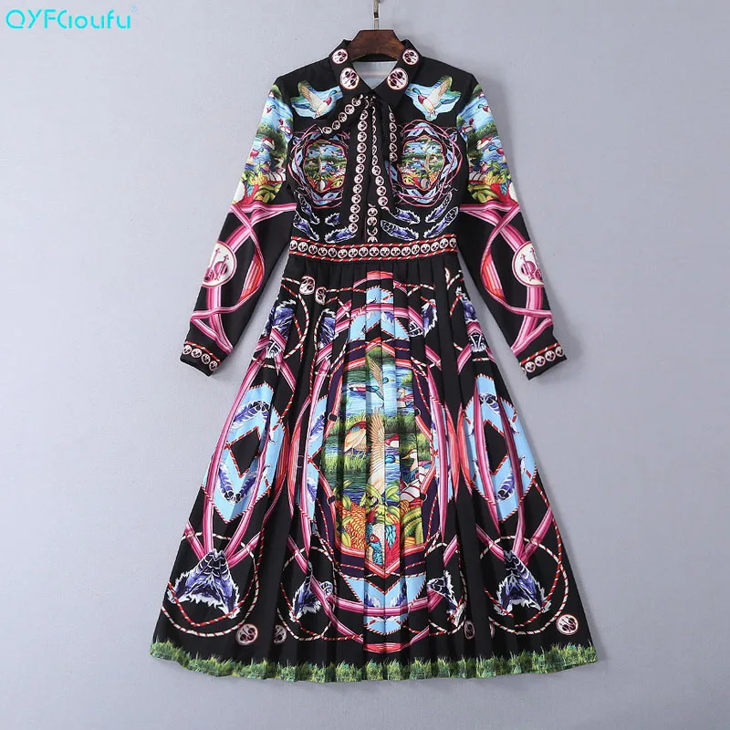 

QYFCIOUFU 2019 Spring Luxury Designer Runway Dress Women Fashion Long Sleeve Floral Print Designer Elegant Party Pleated Dress