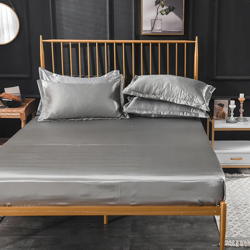 Satin Silk Fitted Sheet On Elastic Band Solid Color Mattress Cover Bed Sheets 8 Size Drap Housse de