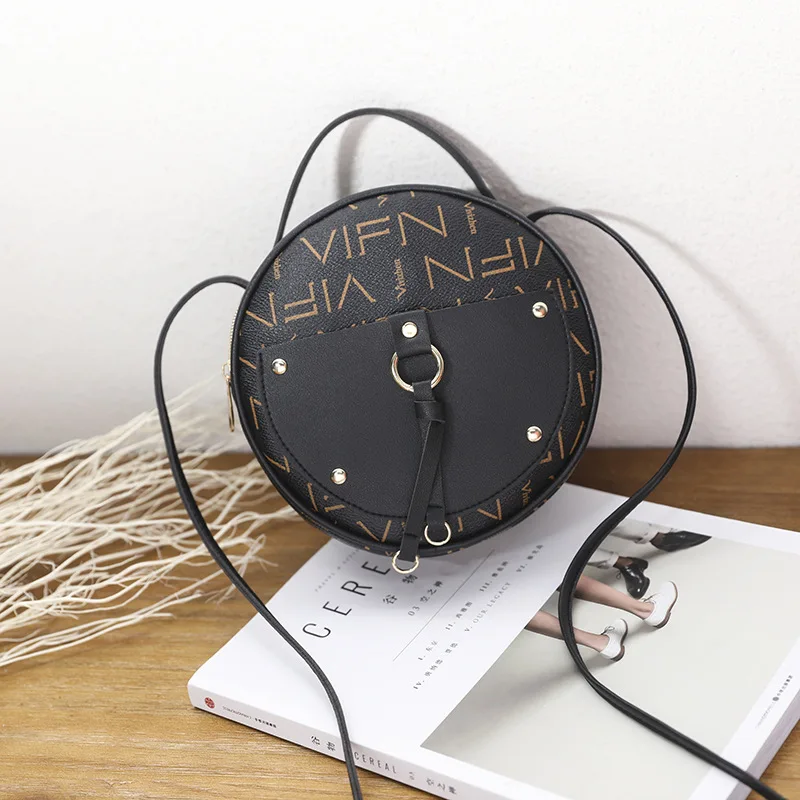 Модная летняя новая полиэфирная круглая сумка через плечо с принтом, роскошная Высококачественная брендовая винтажная клетчатая сумка - Цвет: Черный