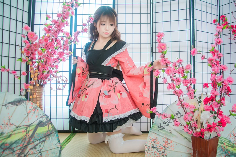 Шанхай история хлопок с цветочным принтом кружево край кимоно юката платье горничной аниме комплекты для Лолиты Meidofuku форма наряд