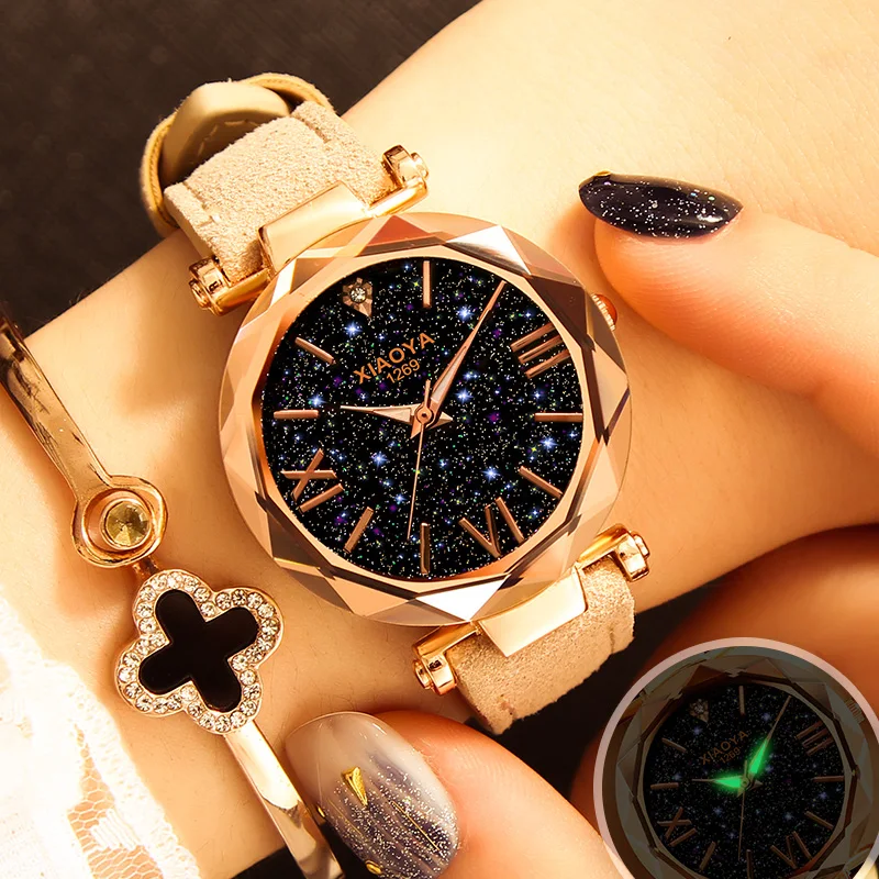 

New Fashion XIAOYA Brand Rose Gold Leather Watches Personality Romantic Starry Sky Wrist Watch casual dress quartz wristwatch
