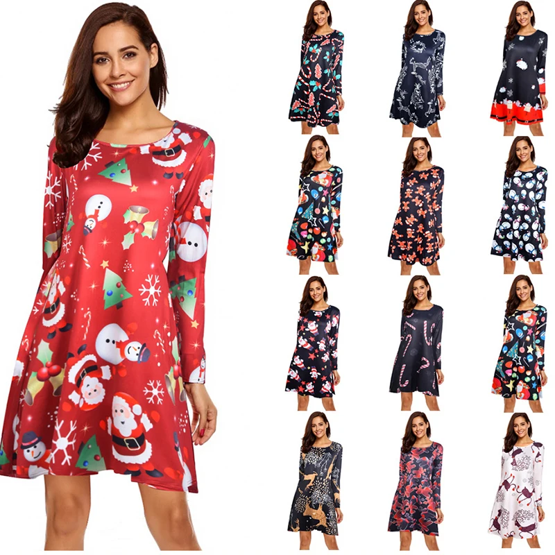 

Women Fashion Vintage Dresses Sashes Dress Retro Party Dresses Sexy Long Sleeve Christmas Snowflake Elk Print Dress